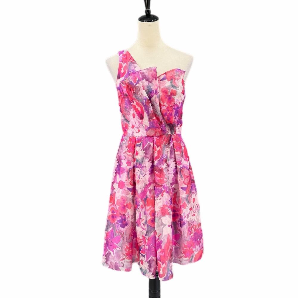David Meister Pink Floral 100% Silk One Shoulder Vibrant Feminine Cocktail Dress